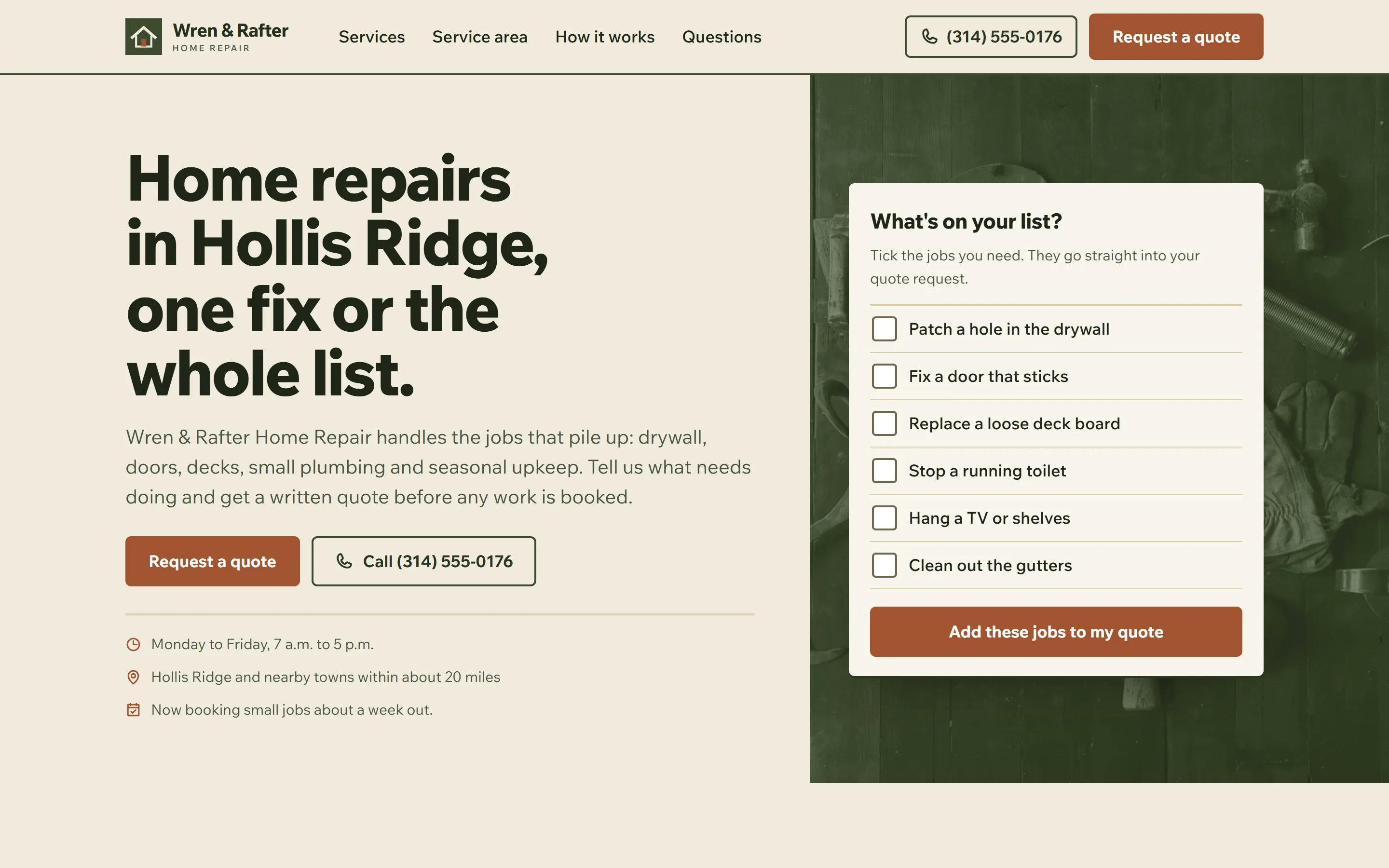 Home page of the Wren & Rafter Home Repair sample site: the headline “Home repairs in Hollis Ridge, one fix or the whole list.” beside a job checklist.